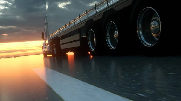 Semi Truck Wheels zbliżenie na asfaltowej autostradzie o zachodzie słońca - tło transportu. 3d renderowanie — Zdjęcie stockowe