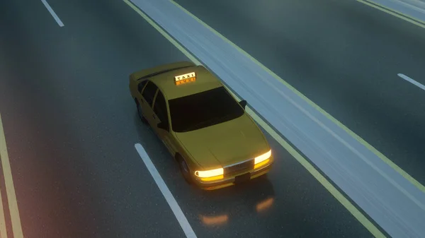 Yellow taxi rides on the road, highway. 3D illustration — 스톡 사진