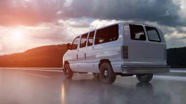 Kargo minibüsü otoyolda. Çok hızlı sürüyorsun. Ulaşım ve lojistik konsept. 3d oluşturma