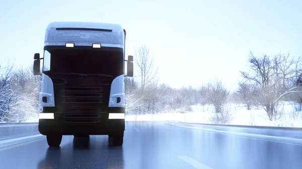 都市への森林道路上の雪の中でトラックの運転。3Dレンダリング — ストック写真