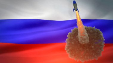 Rus bayrağının arkasına roket fırlatıldı. 3d oluşturma.