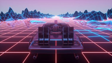 80 'lerin tarzında bir Retro fütüristik araba sanal neon bir arazide hareket eder. 3d illüstrasyon