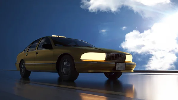 Gelbe Taxifahrten auf der Straße, Autobahn. blauer Himmel Hintergrund. Transport- und Logistikkonzept. 3D-Illustration — Stockfoto