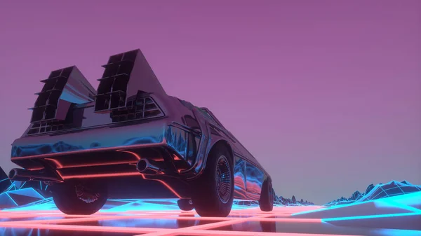 80年代风格的复古未来派汽车在虚拟的霓虹灯景观中前行 3D说明 — 图库照片