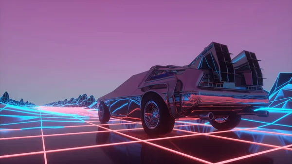 80年代スタイルのレトロな未来的な車は 仮想ネオンの風景に移動します 3Dイラスト — ストック写真