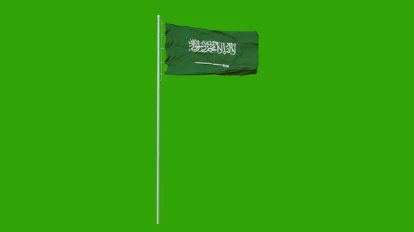 Vlajka Saúdské Arábie vlála a třepotala se ve větru. Zelená obrazovka. 3D ilustrace — Stock fotografie