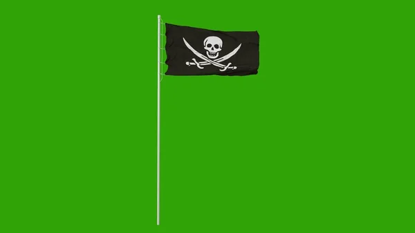 Piratenvlag wapperend en wapperend op de wind. Groen scherm. 3d illustratie — Stockfoto