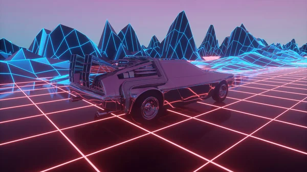 Retro futuristic car in 1980s style moves on a virtual neon landscape. 3d illustration