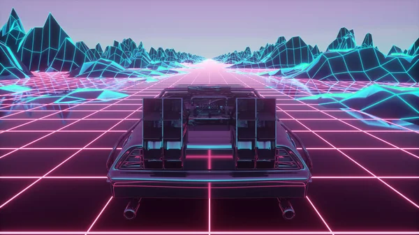 Voiture futuriste rétro dans le style des années 80 se déplace sur un paysage néon virtuel. Illustration 3d — Photo