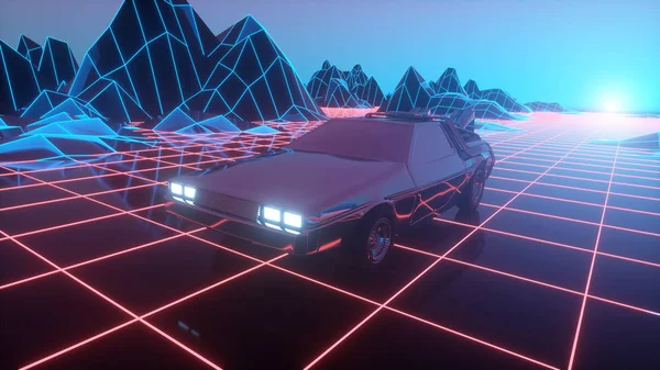 Retro futuristické auto v osmdesátých letech se pohybuje na virtuální neonové krajině. 3D ilustrace — Stock fotografie