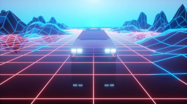 Retro futuristic car in 80s style moves on a virtual neon landscape. 3d illustration
