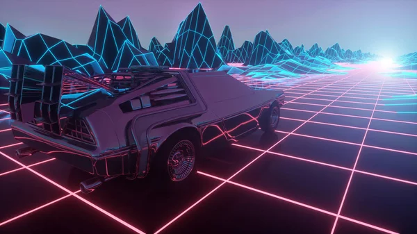 Coche futurista retro en estilo de los años 80 se mueve en un paisaje virtual de neón. ilustración 3d —  Fotos de Stock