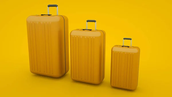 Trzy pomarańczowe walizki odizolowane na żółtym tle, ilustracja 3d — Zdjęcie stockowe