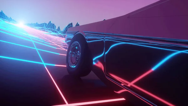 Carro futurista retro no estilo dos anos 80 se move em uma paisagem de néon virtual. ilustração 3d — Fotografia de Stock