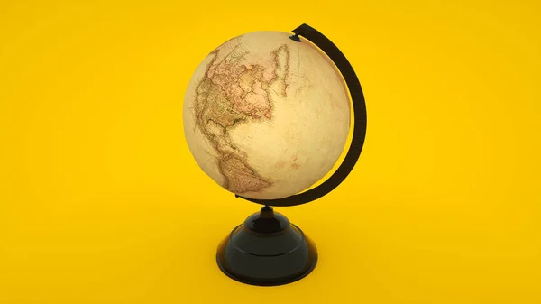 Klasický glóbus izolovaný na žlutém pozadí. 3D vykreslování — Stock fotografie