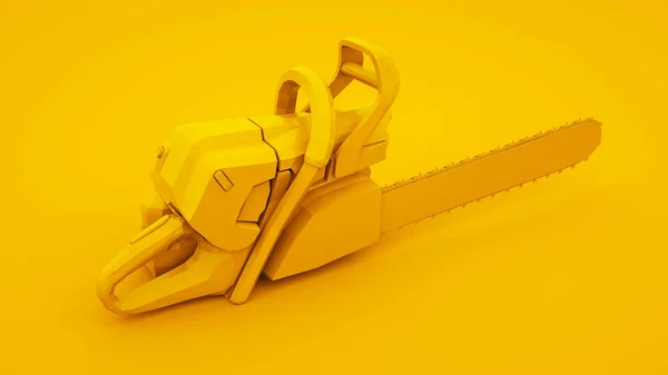 Motosega su sfondo giallo. Idea minimale, illustrazione 3d — Foto Stock