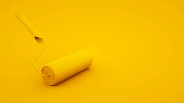 Rodillo de pintura amarillo sobre fondo amarillo. renderizado 3d — Foto de Stock