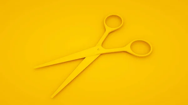 Foarfece frizer păr 3d ilustrație pe fundal galben. Conceptul minim de idee — Fotografie, imagine de stoc