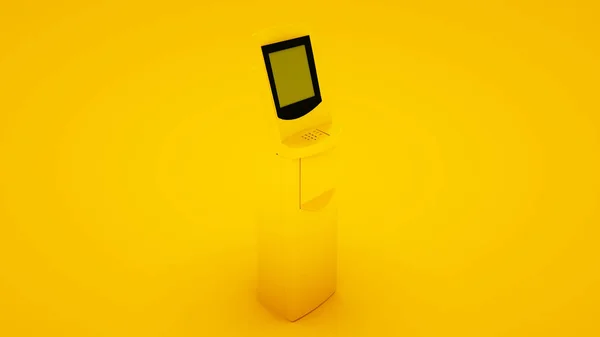 Kültéri sárga ATM, automatizált pénzkiadó gép, fizetési terminál elszigetelt sárga háttér - 3d illusztráció — Stock Fotó