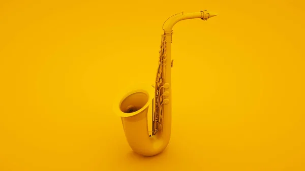 Saxofone no fundo amarelo. Conceito mínimo de ideia, ilustração 3D — Fotografia de Stock
