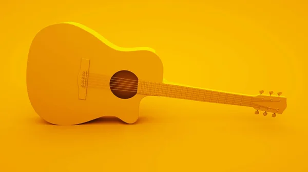 Gitara akustyczna na żółtym tle. Pomysł minimalny, ilustracja 3D — Zdjęcie stockowe