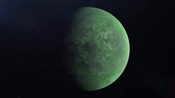 Ultra Realista Green Alien Planet in Space rotando y alejándose, estrellas en segundo plano - 4k. — Vídeo de stock