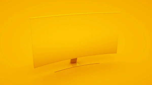 Высококачественный изогнутый умный телевизор на желтом фоне. Концепция идеи, трехмерная иллюстрация — стоковое фото