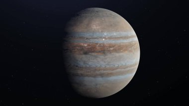 Uzayda Jüpiter gezegeni uzaklaşıyor, arka planda yıldızlar. 3d oluşturma