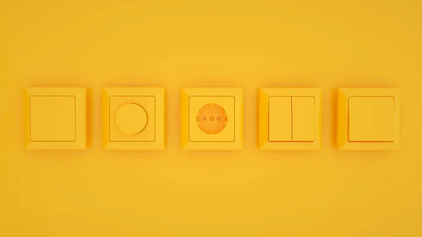 Conjunto de interruptores y enchufes aislados sobre fondo de color amarillo de moda. ilustración 3d —  Fotos de Stock