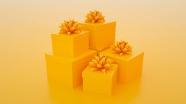 Sarı arka planda izole edilmiş sarı hediye kutuları. Minimalist yaratıcı konsept. 3d illüstrasyon