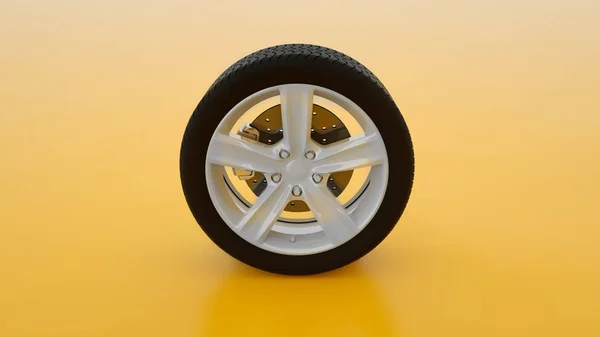 Autorad isoliert auf gelbem Hintergrund. Leichtmetallräder Reifen Auto. minimalistisches kreatives Konzept. 3D-Illustration — Stockfoto