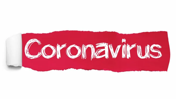 O texto Coronavírus escrito sob o pedaço ondulado de papel vermelho rasgado — Fotografia de Stock