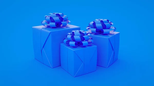 Set von gelben Geschenkboxen isoliert auf blauem Hintergrund. minimalistisches kreatives Konzept. 3D-Illustration — Stockfoto