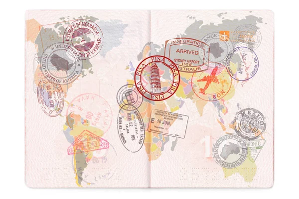 Pasaporte abierto con visados, sellos, sellos. Mapa del mundo Viajes o turismo concepto —  Fotos de Stock