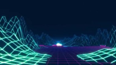 80 'lerin geçmişe dönük döngü animasyonu. Neon ışıkları ve düşük polimerli arazisi olan geri dalga ufuk manzarası