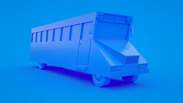 Carino cartone animato basso poli scuolabus rendering 3d, scena geometrica su sfondo blu pastello — Foto Stock