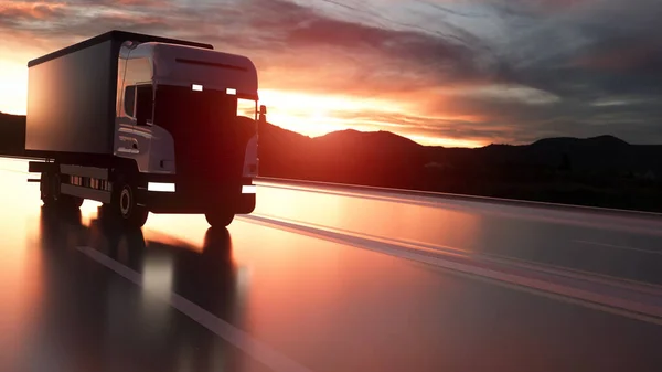 Delivery truck on the road, highway. Transports, logistics concept. 3d rendering — 스톡 사진