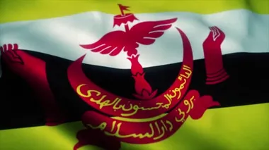 Brunei bayrağı rüzgarda dalgalanıyor. Brunei Ulusal Bayrağı. Brunei 'nin kusursuz döngü animasyonunun işareti. 4k