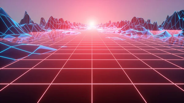Streszczenie futurystyczny krajobraz sieci 1980 stylu. Retro Sci-Fi z lat 80. Ilustracja 3D — Zdjęcie stockowe