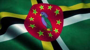 Dominica bayrağı rüzgarda dalgalanıyor. Dominica 'nın ulusal bayrağı. Dominica 'nın kusursuz döngü animasyonunun işareti. 4k