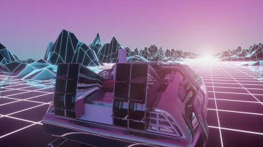 80 'lerin süper arabalı Retro-bilim kurgu geçmişi. Geçmişe dönük sentetik retro dalga 3 boyutlu illüstrasyon