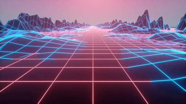 Fondo futurista retro estilo de los años 80. Paisaje digital en un mundo cibernético. ilustración 3d —  Fotos de Stock