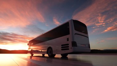 Gün batımında turist otobüsü, parlak turuncu bir güneş ışığıyla arka planda yol alıyor. 3d oluşturma
