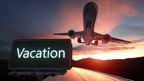 Vakantie groene verkeersbord en vliegtuig boven met dramatische blauwe hemel en wolken — Stockfoto