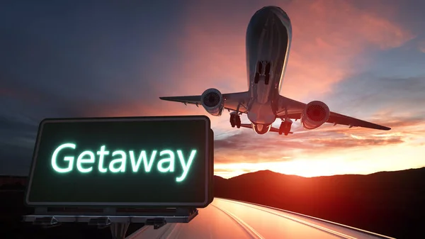 Getaway Green Road Sign e avião acima com céu azul dramático e nuvens — Fotografia de Stock