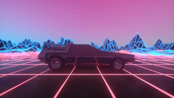 Auto Retrò Futuristica Stile Anni Muove Paesaggio Virtuale Neon Illustrazione — Foto Stock