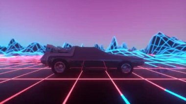 Geçmişe dönük 80 'lerin tarzı bilim kurgu araba arka planı. Kusursuz döngü 3d video canlandırması