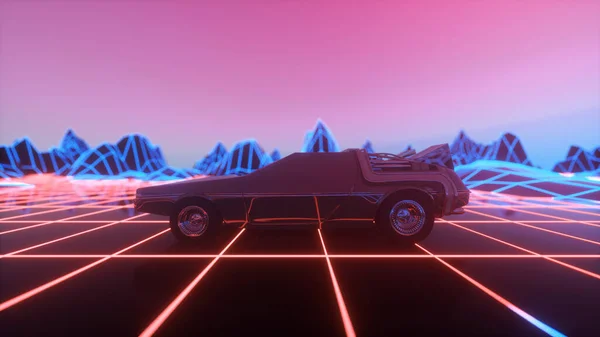 80年代风格的复古未来主义汽车在虚拟霓虹灯3D渲染上移动 — 图库照片