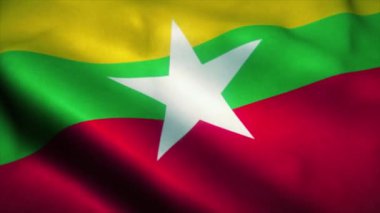 Myanmar bayrağı rüzgarda dalgalanıyor. Myanmar Ulusal Bayrağı. Myanmar 'ın kusursuz döngü animasyonunun işareti. 4K