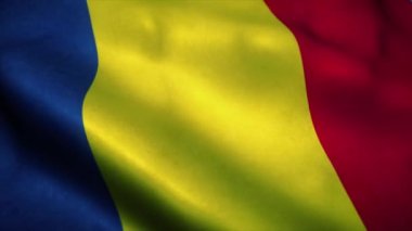 Romanya bayrağı rüzgarda dalgalanıyor. Romanya bayrağı. Romanya 'nın kusursuz döngü animasyonunun işareti. 4k